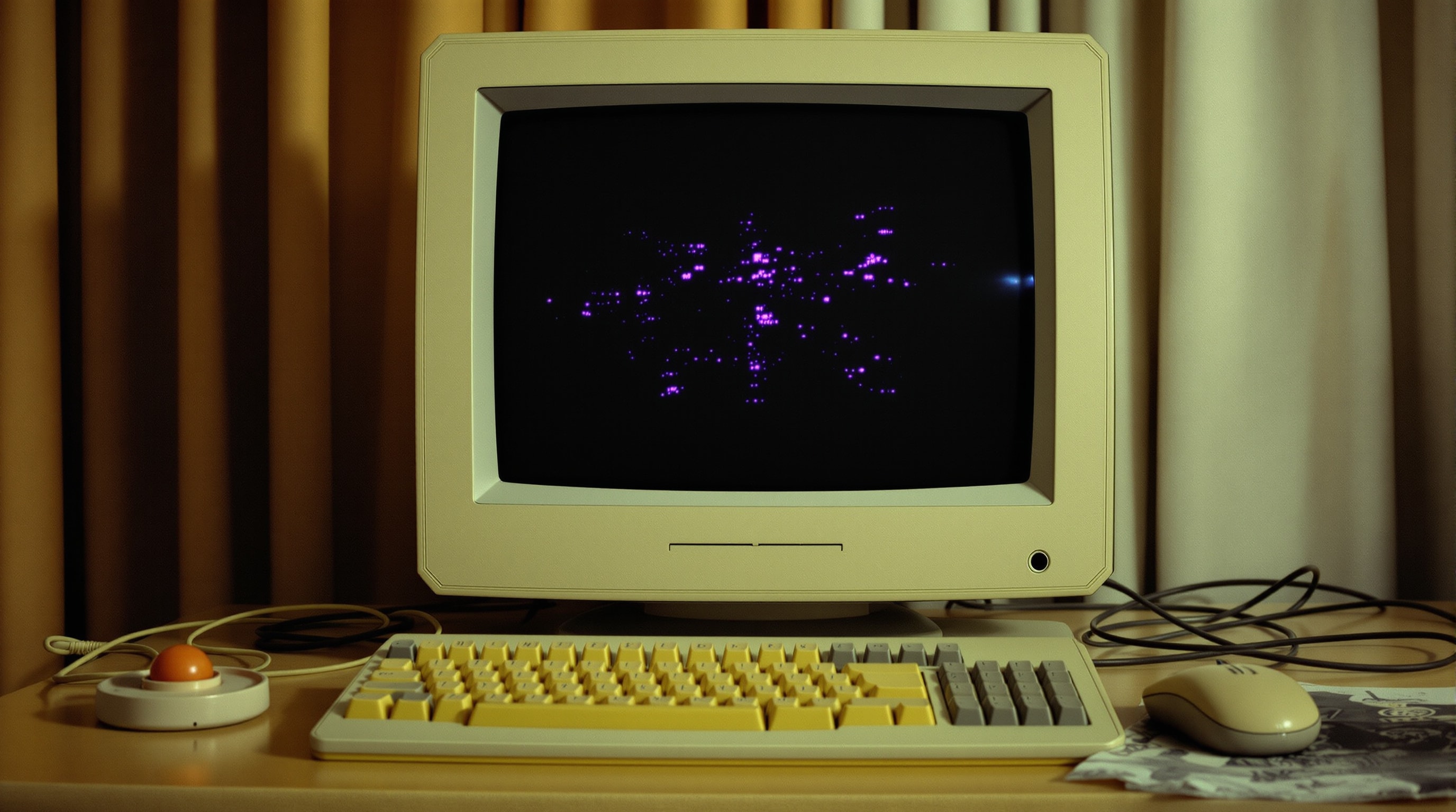 A beige CRT monitor and keyboard on a home desk, the fixed 1024x768 target of the era