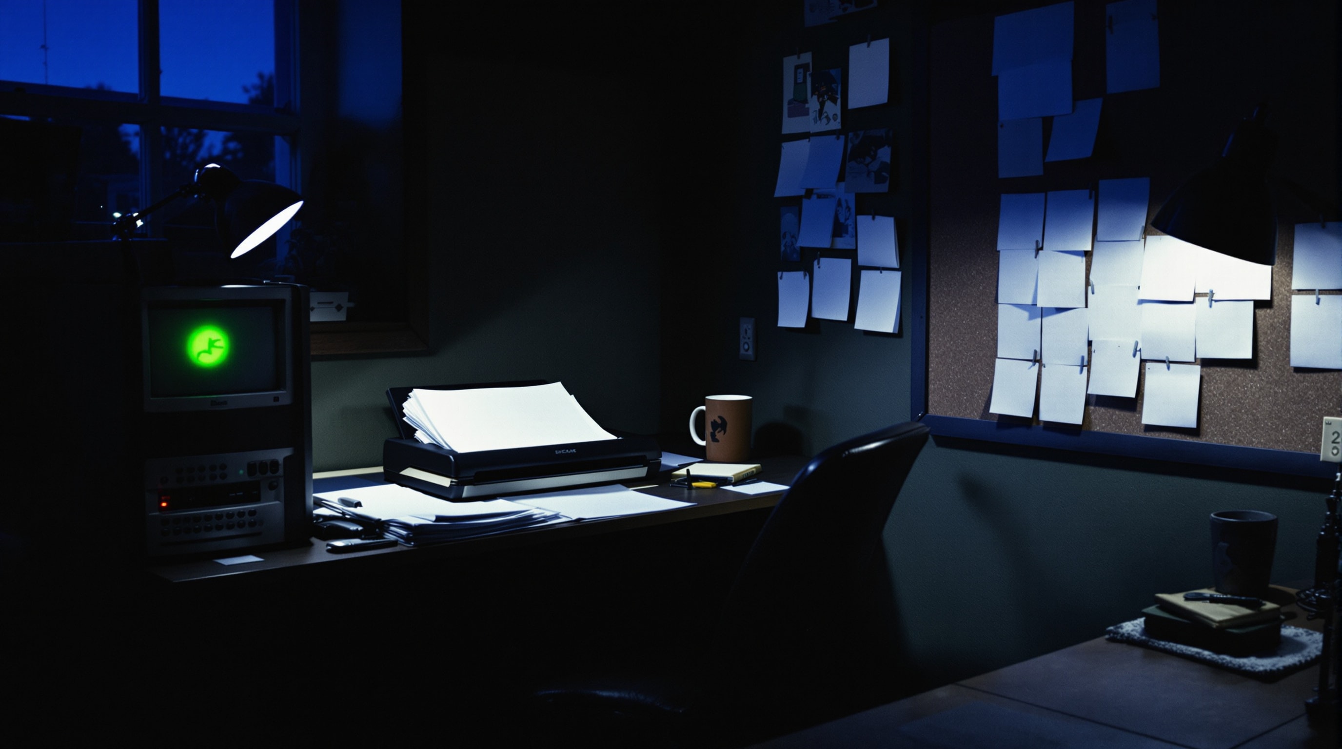 A small home office at night with scanner, tower PC and stacked pages — the coordinator's workspace