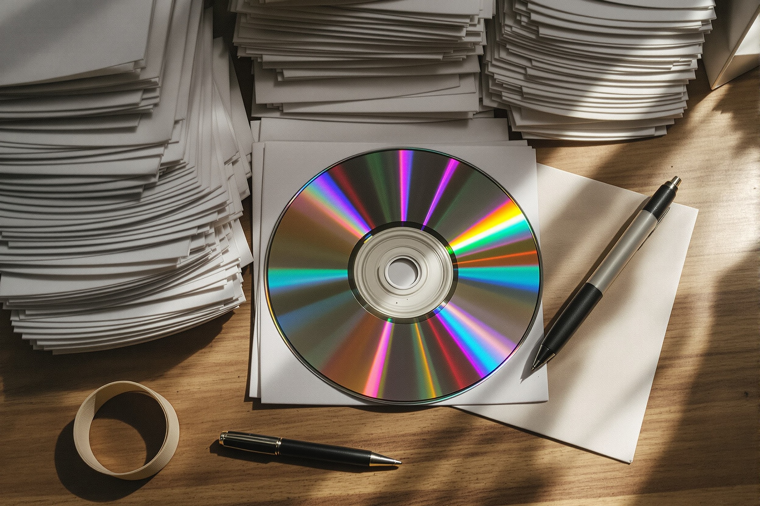 Stacks of blank burned discs in plain paper sleeves on a desk