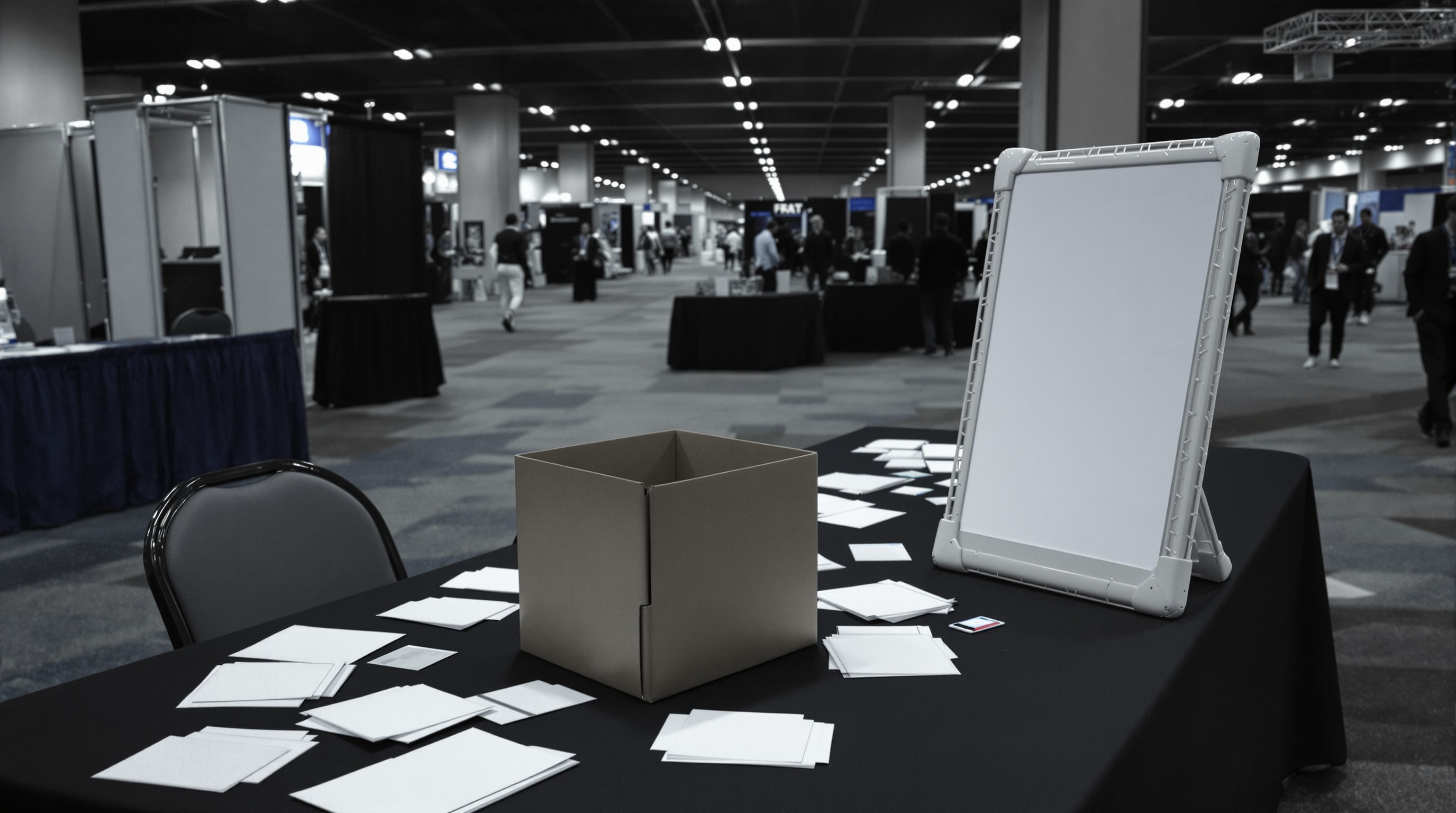 An emptying convention hall exhibitor table at the close of a show