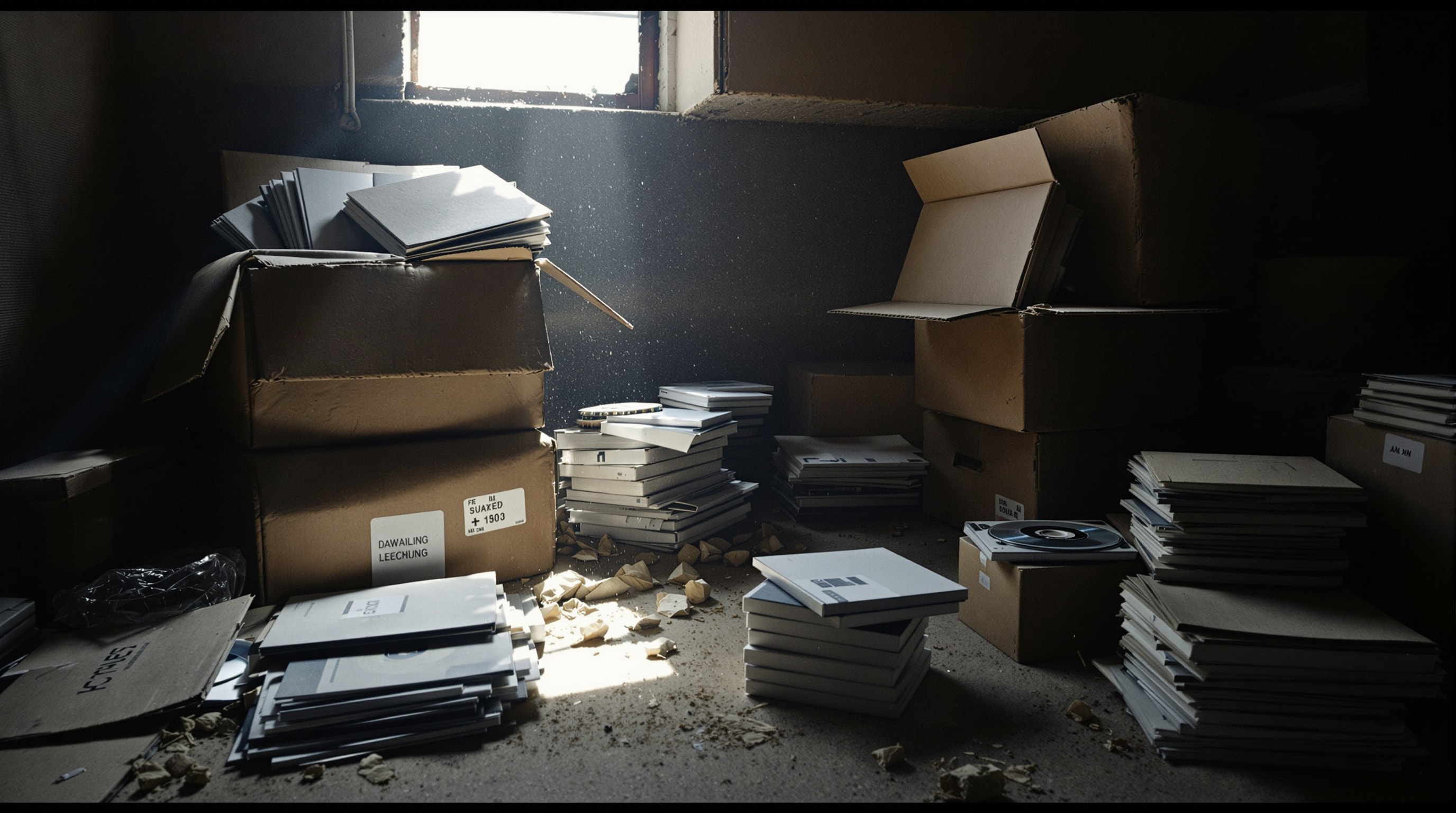 Dusty boxes of unmarked printed booklets and discs in a storage room