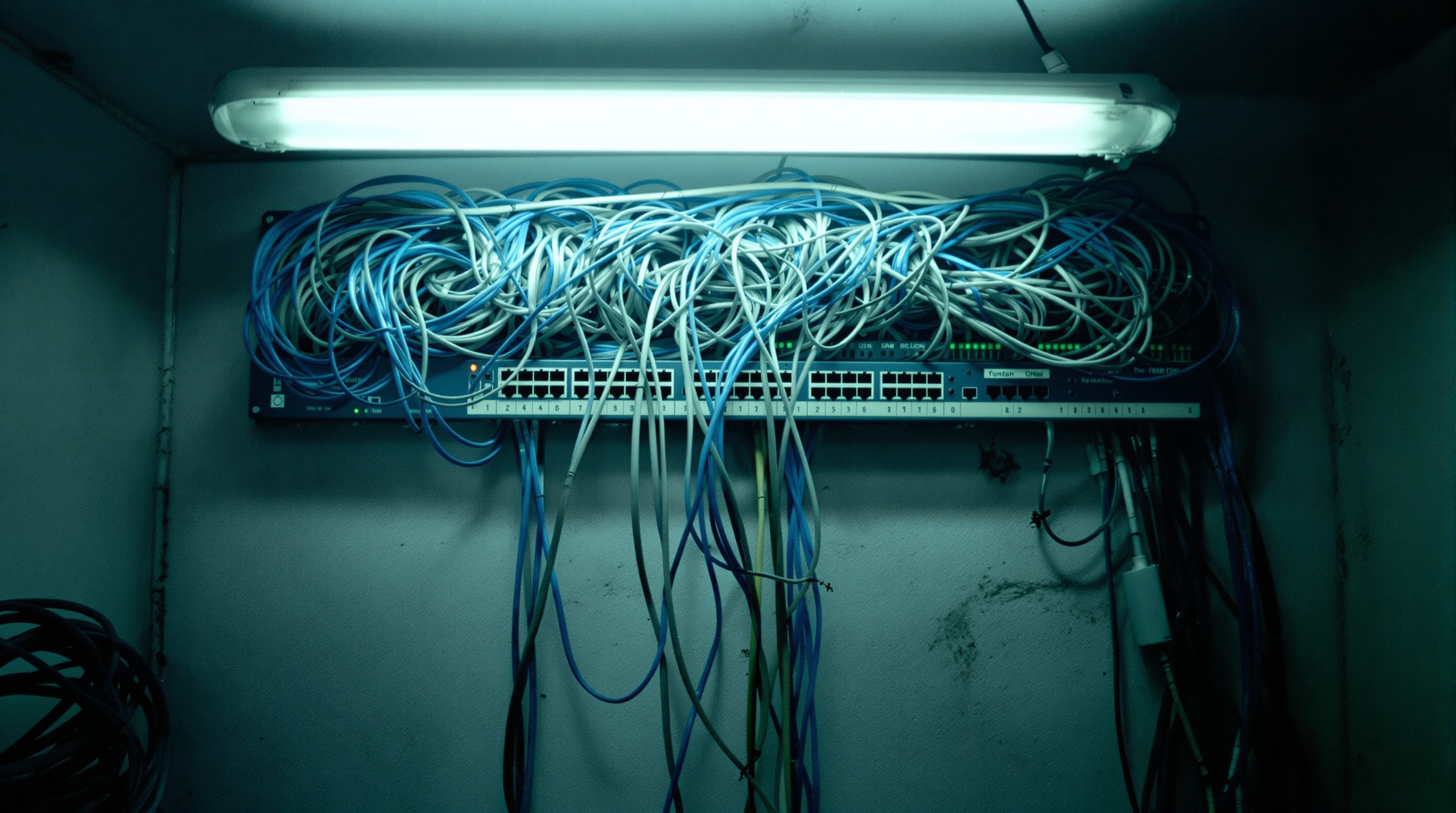 A tangle of patch cables and blinking network switch lights in a small server closet