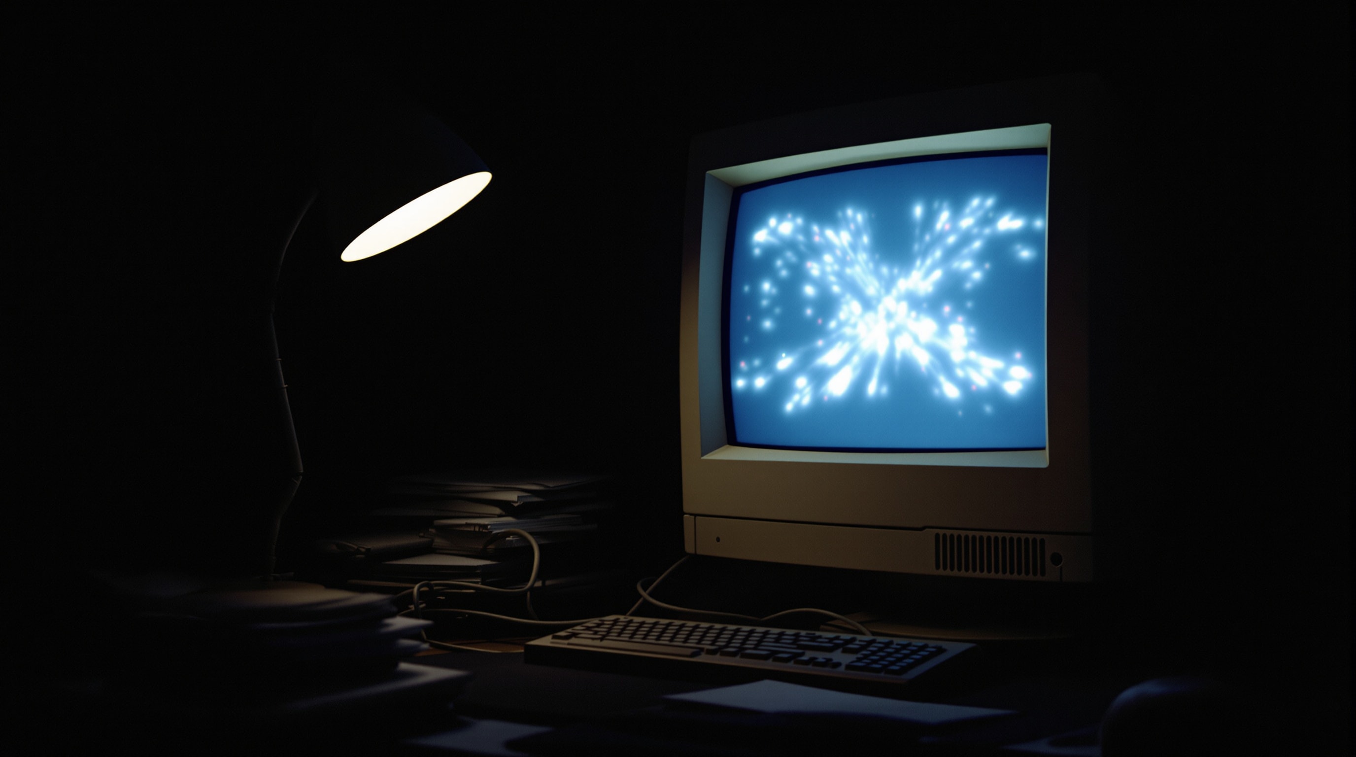 A CRT monitor glowing in a darkened home bedroom studio, the working environment of the collective era