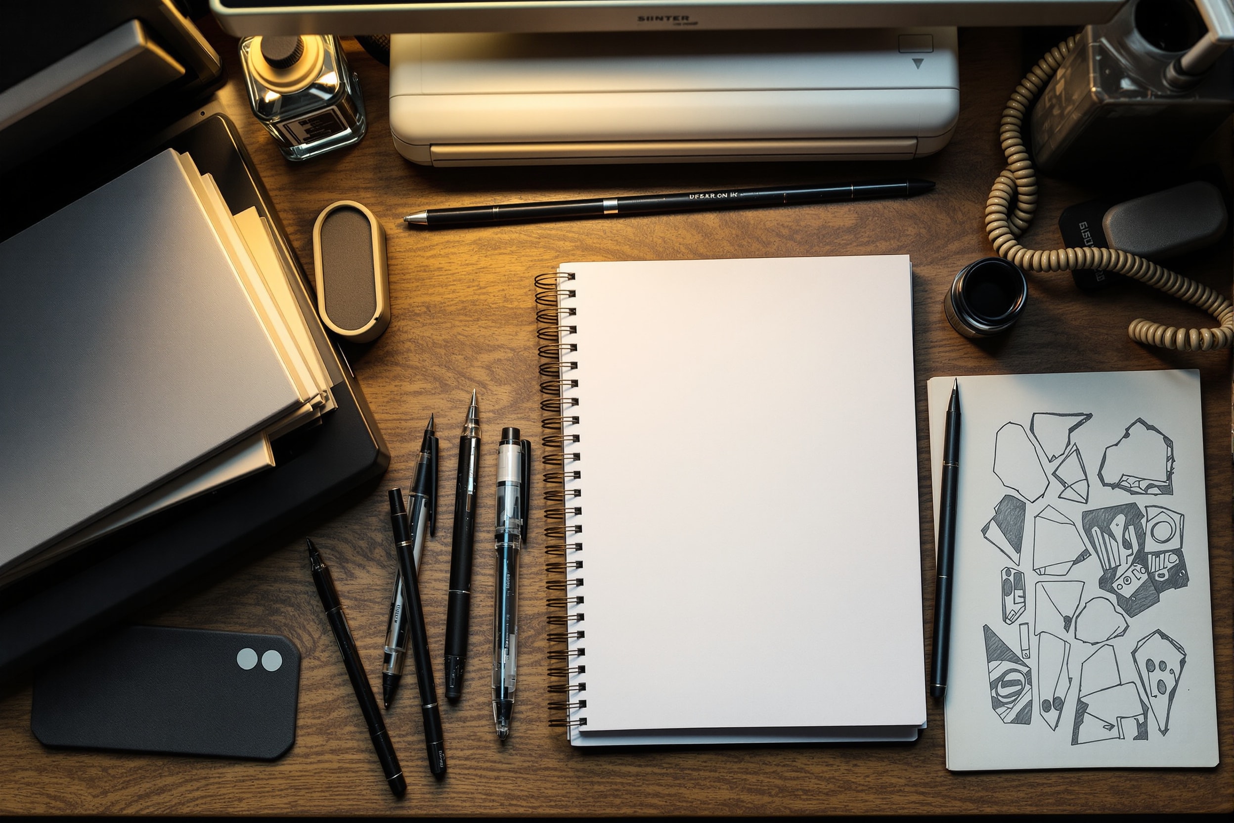 Overhead view of an amateur cartoonist's desk with scanner, ink and blank board