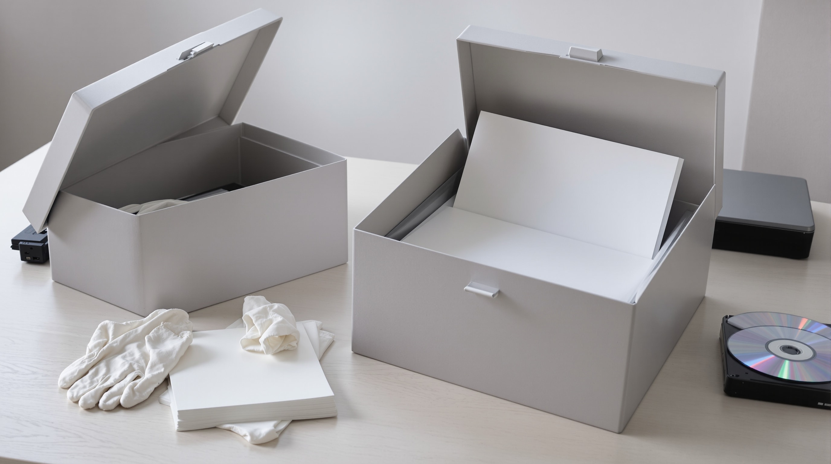 Archival boxes, cotton gloves, an external drive and unlabelled discs on a work table