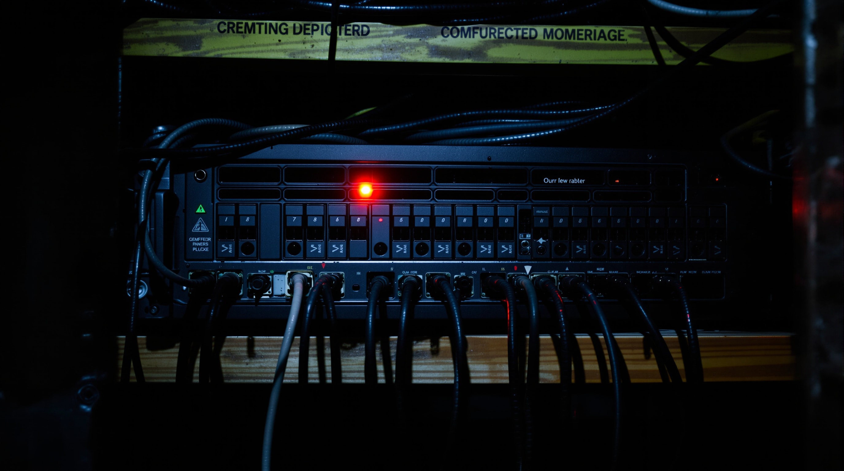 A dusty rack-mounted server showing an amber warning light in a small equipment closet