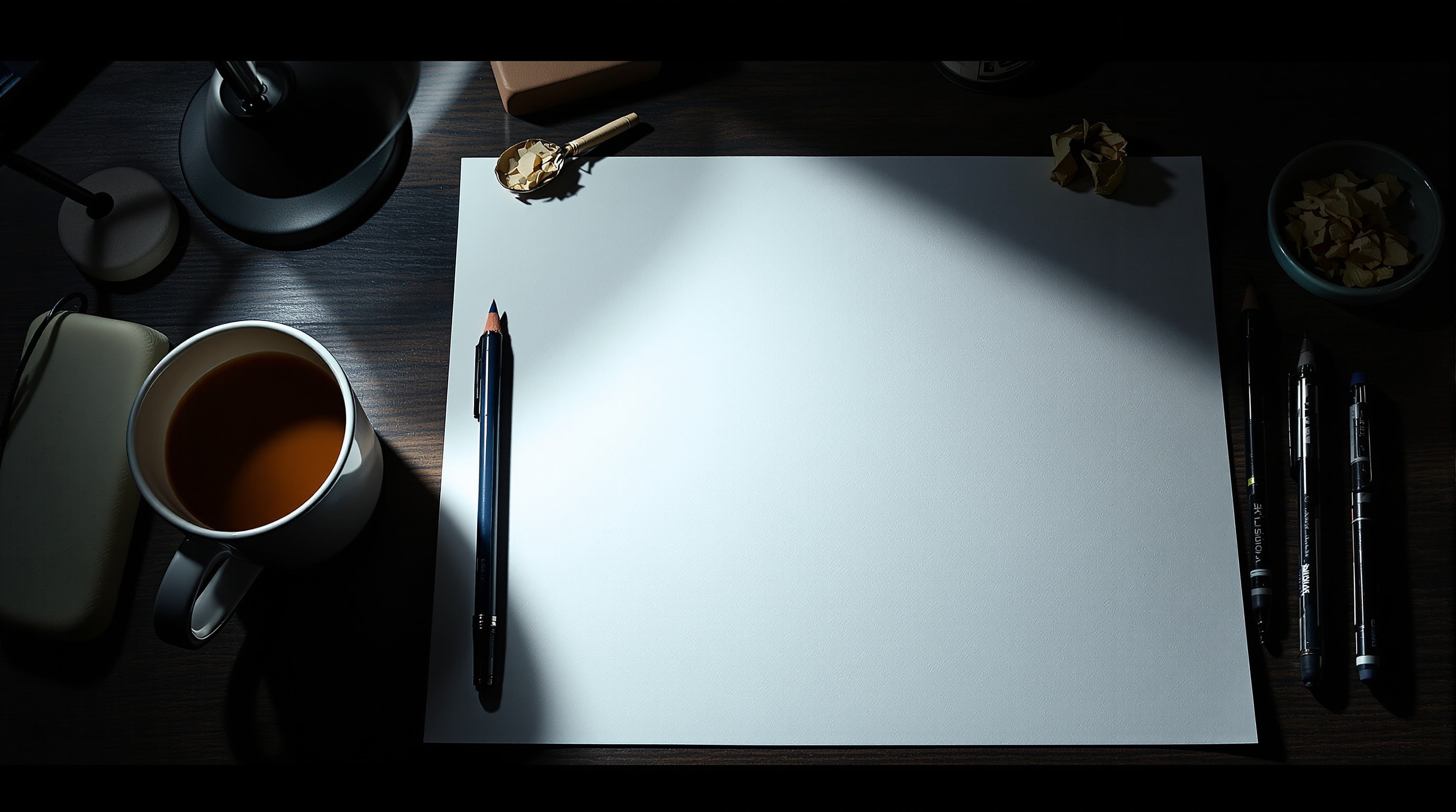 Blank bristol board, pencils and pens on a desk under a lamp late at night